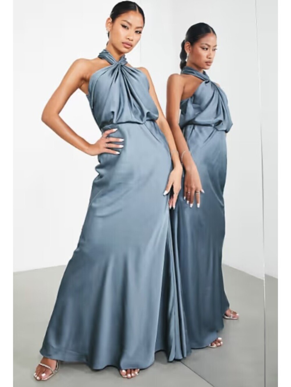 ASOS stormy blue satin high neck maxi bridesmaids dress sz 14